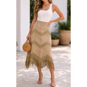 Bohemian Suede Fringe Midi Skirt Lace Chevron Panels Western Y2K Cowgirl Chic| M